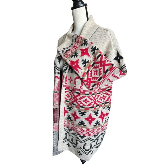 NWT Lucky Brand Tan Red Horseshoe Western Cardigan Sweater Open Front Size XL - Picture 7 of 10